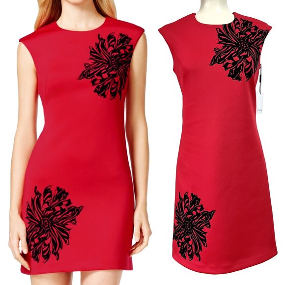 New Calvin Klein Opulent Red Crepe Dress with Black Velvet Floral Accents, Sz 4 - Picture 3 of 16